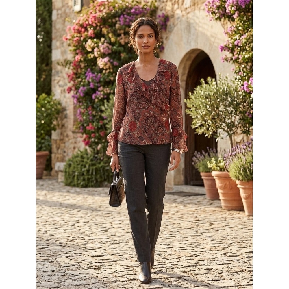 Lauren Ralph Lauren Petite Silk Paisley Ruffle Blouse Burgundy Red 12P